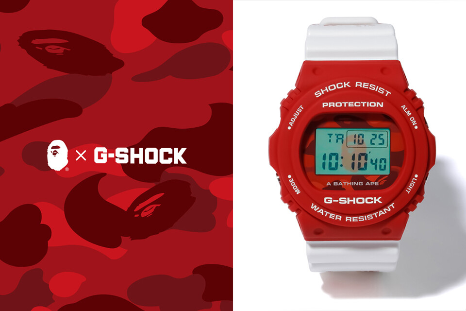 A BATHING APE × G-SHOCK」。ベースはDW-5750、紅白のジャパニーズ ...