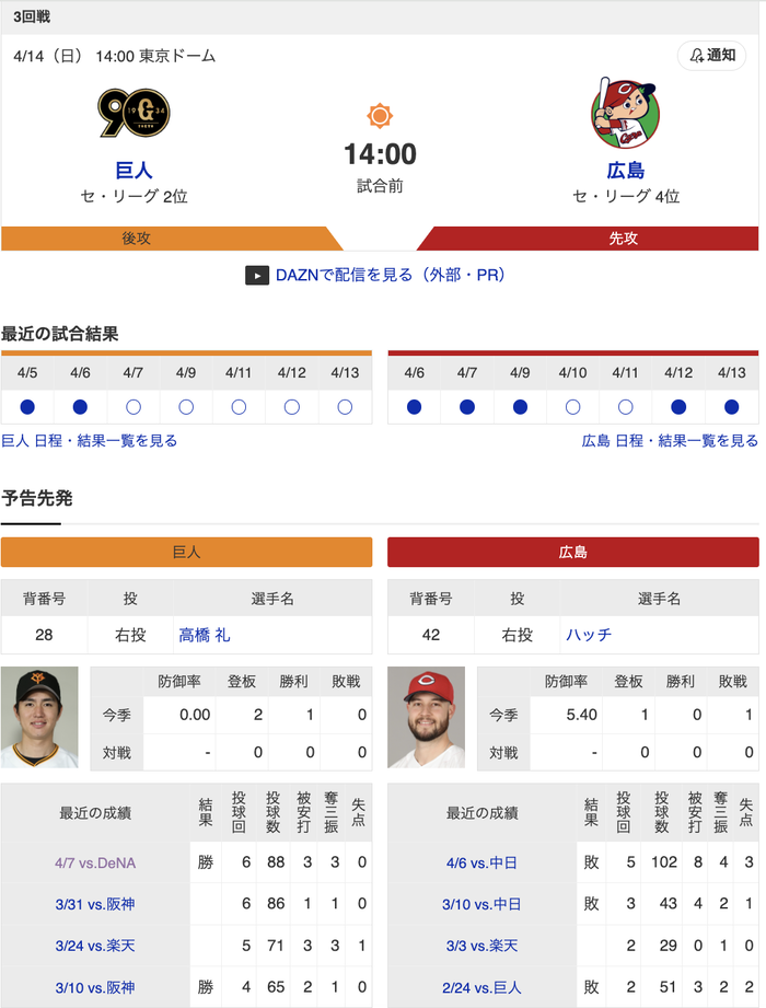 【巨人実況】vs 広島 (3回戦)！ 先発・高橋礼！ 14:00~