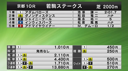 京都１０Ｒ・若駒Ｓで珍記録　馬券全式別が最低人気