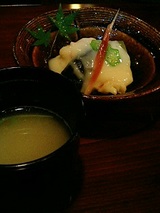 箸洗(そば湯)、先附(夏野菜の利休餡かけ)