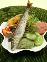 稚鮎、とこぶし、空豆、菜の花、車海老、鴨