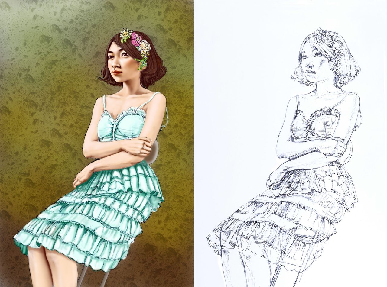 ｐｉｘｉｖ第４２回目投稿作品 線画的デッサンを塗ってみた 旅の途中で ちょっとひと休み