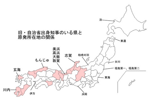自治省出身知事のいる都道府県と原発所在地