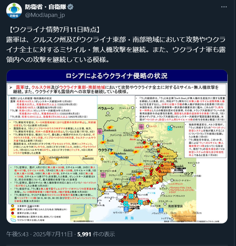 20250711 ウクライナ侵攻 防衛省・自衛隊公式ポスト