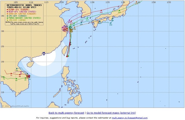 各国モデルの台風進路予想9.12
