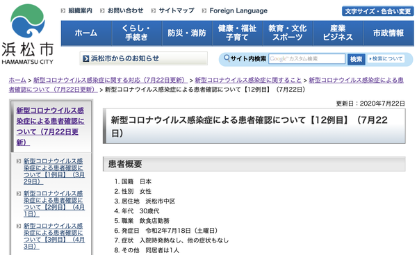 浜松市で12例目の新型コロナウイルス感染症の患者