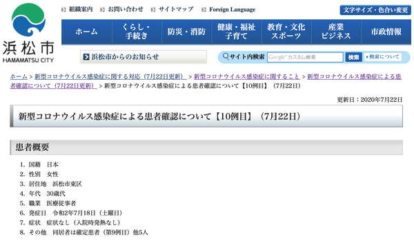浜松市で10例目の新型コロナウイルス感染症の患者を確認