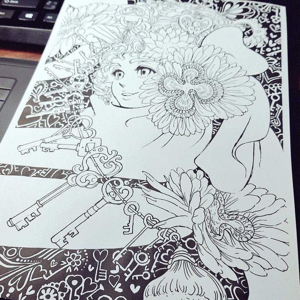 ぬりえ 病んだひまわりと心の鍵を売る女 はまだまいこ 絵のブログ