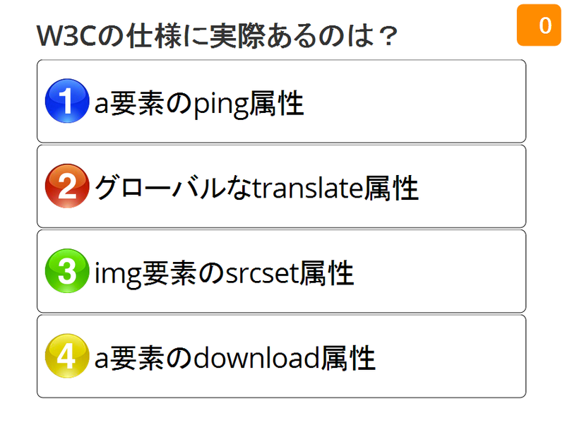 1:a 要素の ping 属性 2:グローバルな translate 属性 3:img 要素の srcset 属性 4:a 要素の download 属性