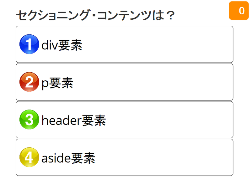 1:div 要素 2:p 要素 3:header 要素 4:aside 要素