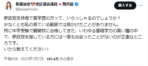 【早稲田大学卒】元ホリエモン新党の新藤加菜さん「参政党支持者で高学歴の方って、いらっしゃるのでしょうか？」←早稲田で学歴マウントをやりだし炎上