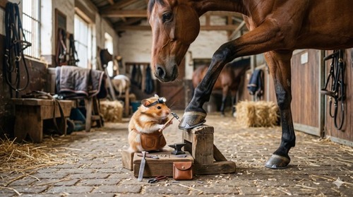 蹄鉄の交換をしているおじさんと馬さん　かわいい