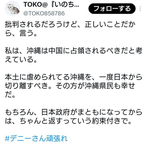 【沖縄】玉城デニー支持者「私は沖縄は中国に占領されるべきだと考えている。その方が沖縄県民も幸せだ。」
