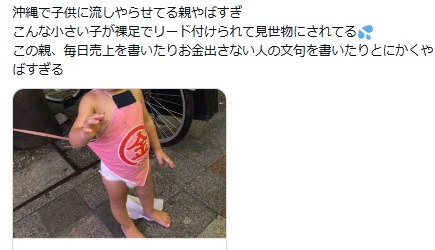 沖縄の親　インバウンド客目当てに子供に猫用リードをつけて『見世物』にする