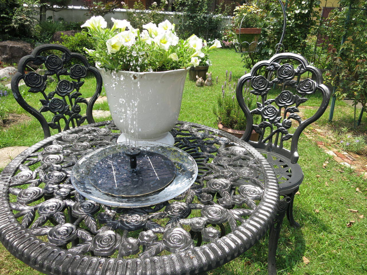 ミニ噴水使いました 白麗 花島の2番花 ミセスケイの薔薇コラム ミニ噴水使いました 白麗 花島の2番花 ミセスケイの薔薇コラム