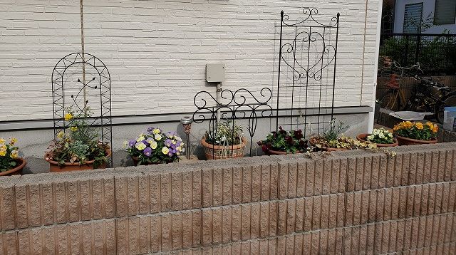 長いテラコッタ花壇もあるお庭 根っこの花工房 花つむりです