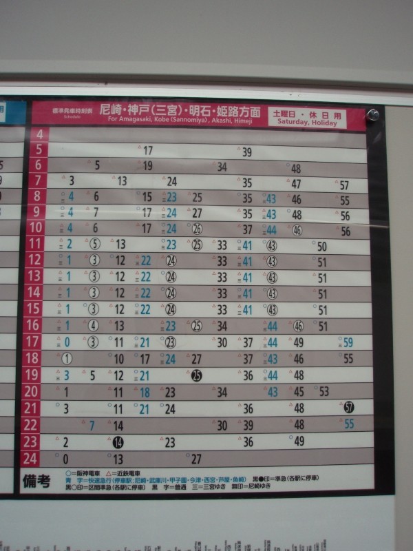 阪神電車　阪神なんば線伝法駅　下りホーム時刻表 近鉄の列車種別毎・縦書き時刻表が見納め？ – 旅とまちなみと