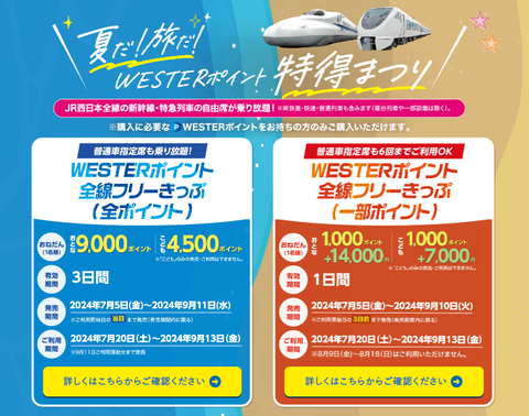 WESTERポイント全線フリーきっぷ 2日間用 JR西日本】「WESTERポイント全線フリーきっぷ」2種類を発売。WESTER