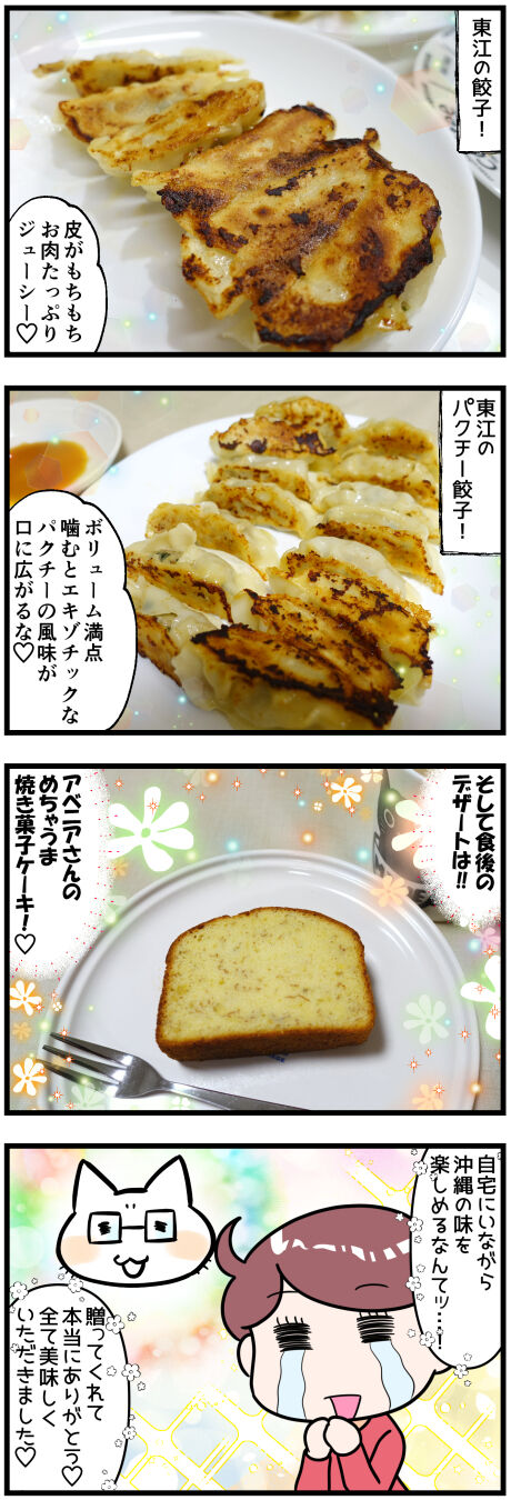贈り物の東江そばとギョーザにアベニアケーキ後半