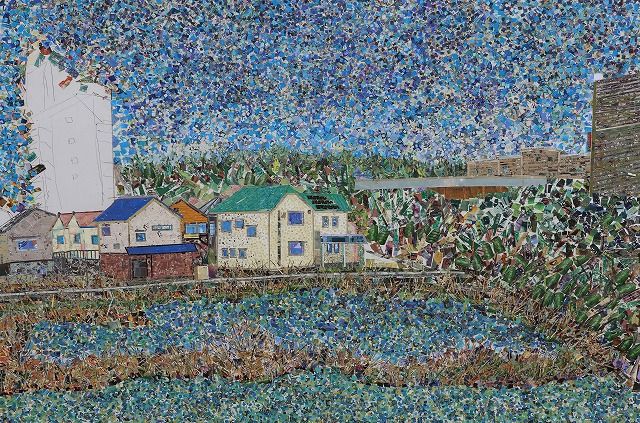 切手アート作品制作中 貼り絵の空間 切手アート作品制作中 貼り絵の空間