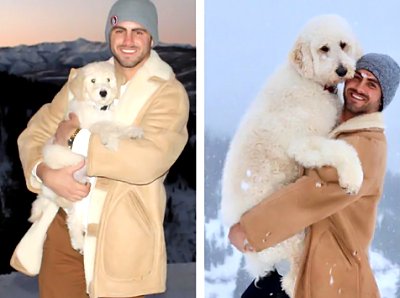 こんなに大きくなりました!子犬を抱っこする男性が3年後同じ場所で大人になった犬を抱っこ
