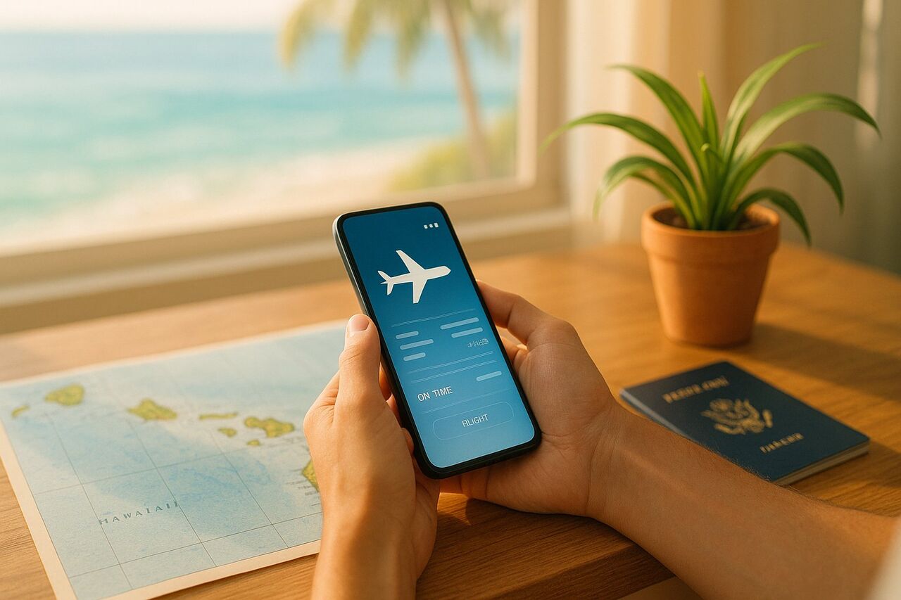 旅行の予約情報を確認しているスマートフォンとハワイ諸島の地図、朝の柔らかい光が差し込む部屋