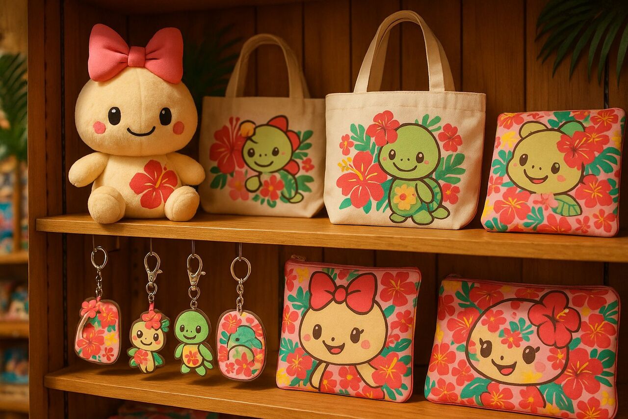 ハワイのお土産店に並ぶキャラクターグッズをイメージした写真