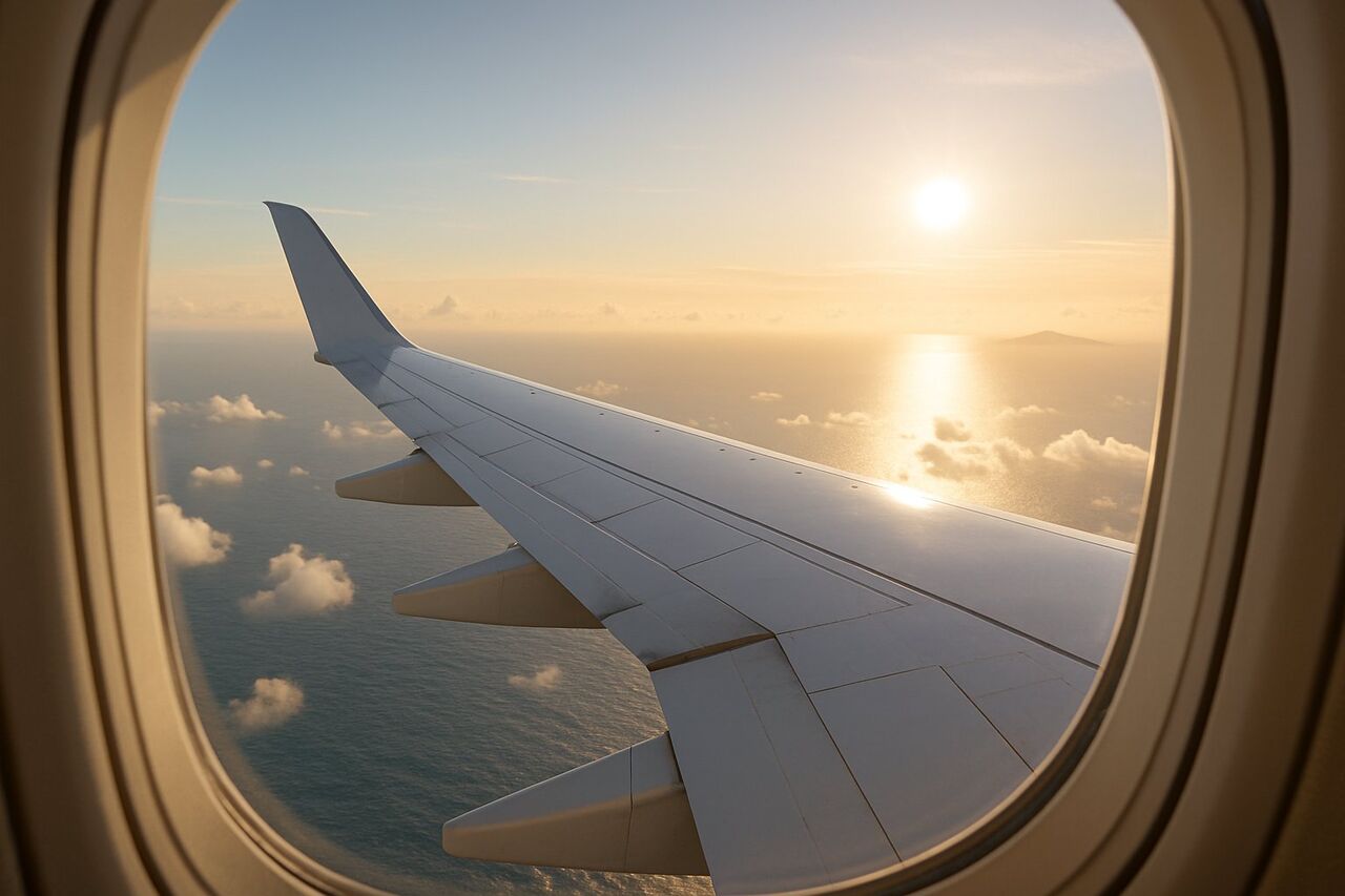 ハワイへ向かう旅客機の主翼と眼下に広がる太平洋の雲