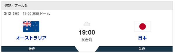 オーストラリア対侍ジャパン 19:00～（東京ドーム）WBC1次ラウンド