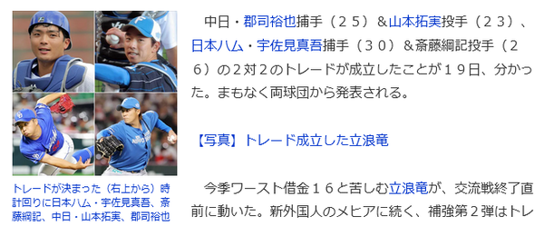 日ハムと中日が電撃トレード　宇佐美斎藤綱記⇔郡司山本拓実