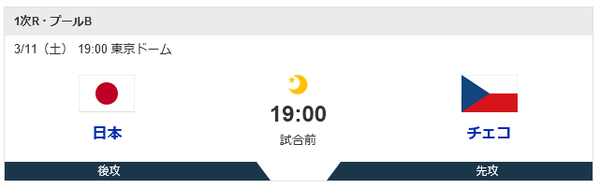 侍ジャパン対チェコ 19:00～（東京ドーム）WBC1次ラウンド