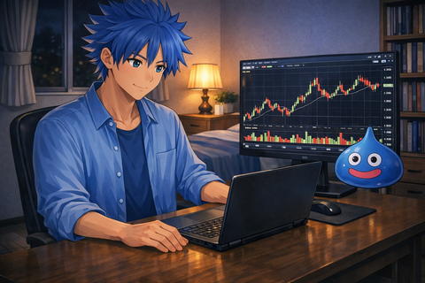 青シャツスタイルのキャラが夜の洋室でトレ