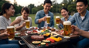 会社や工場で同僚と生ビールサーバーレンタルでBBQ