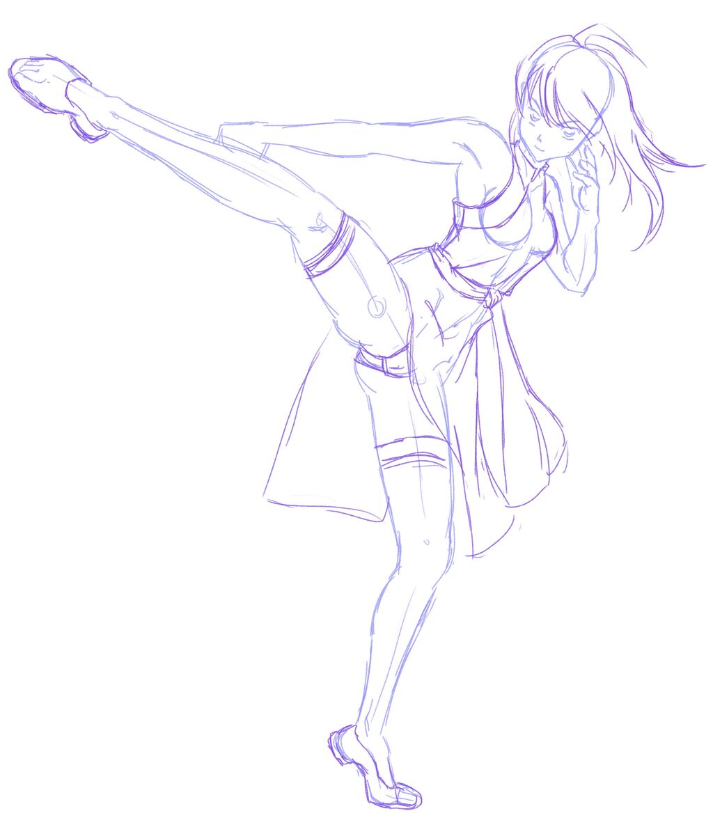 イラスト練習 21 3 18 オリジナル絵 チャイナ服で回し蹴り ウサコッツ パパのお絵描き修行