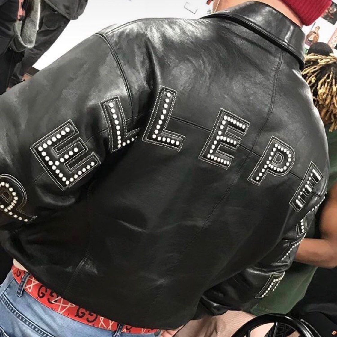 studded arc logo leather jacket