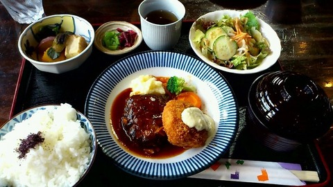 ハンバーグとフライのランチ