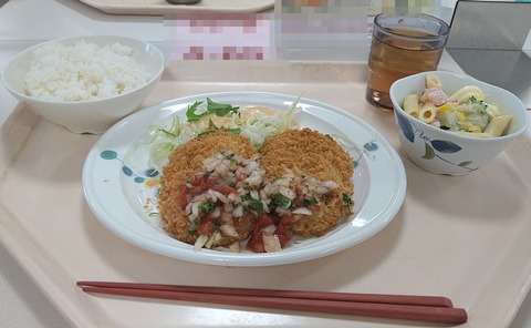 チキンカツトマトソース+ペンネのサラダ