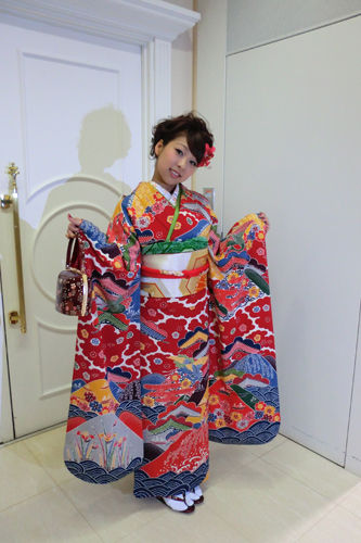 栗山吉三郎】振袖 紅型 縮緬 色紙付き 成人式 卒業式 結婚式 栗山