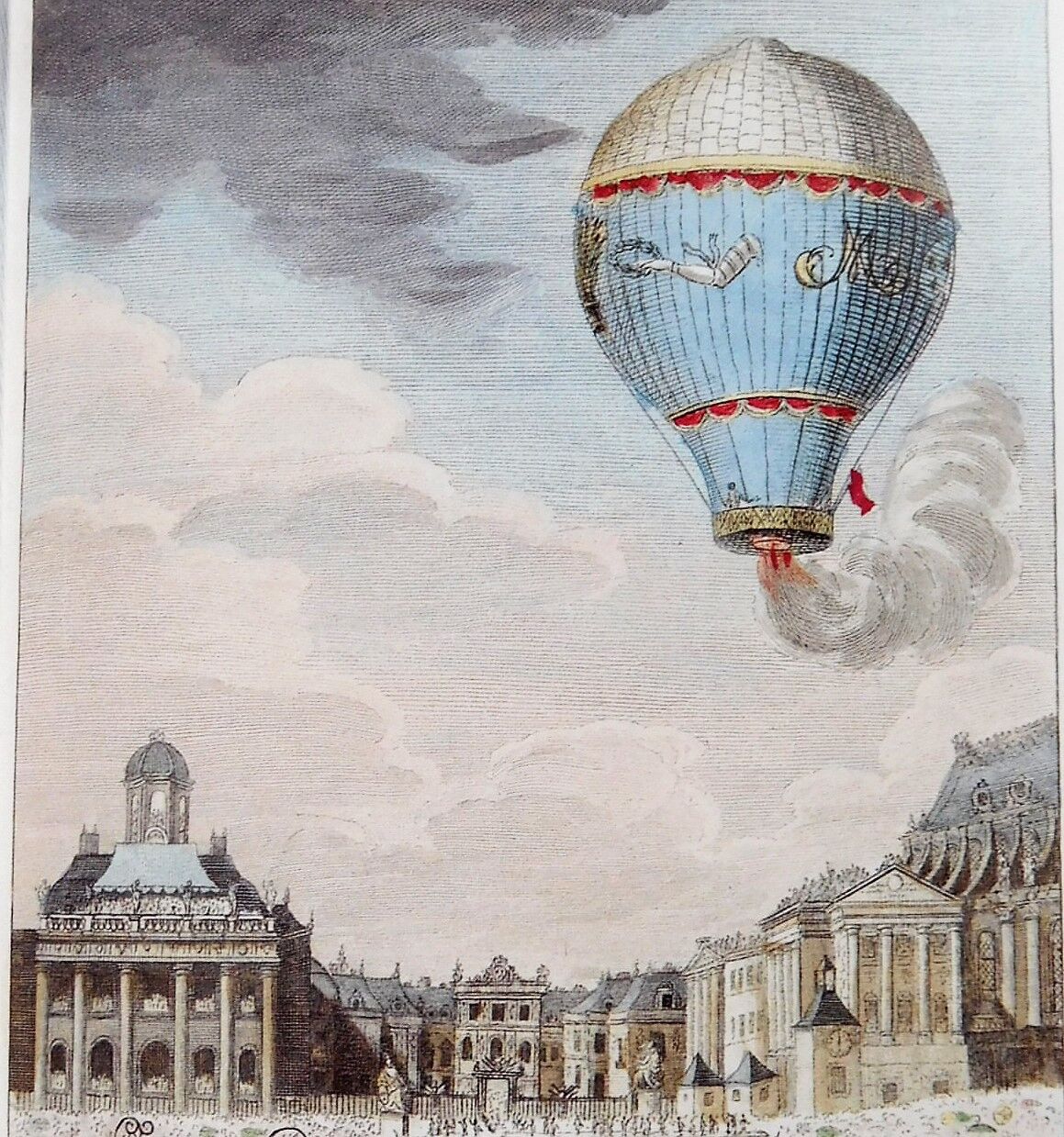 ヴィンテージ 復刻トワルドジュイ 1784年パリ気球飛行版画 クッション 