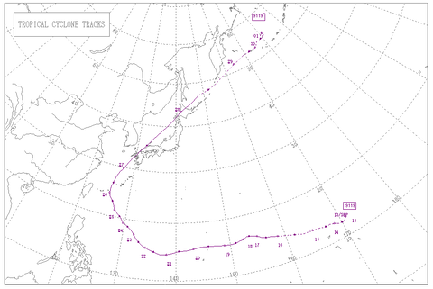 平成3年(1991年)台風19号経路図