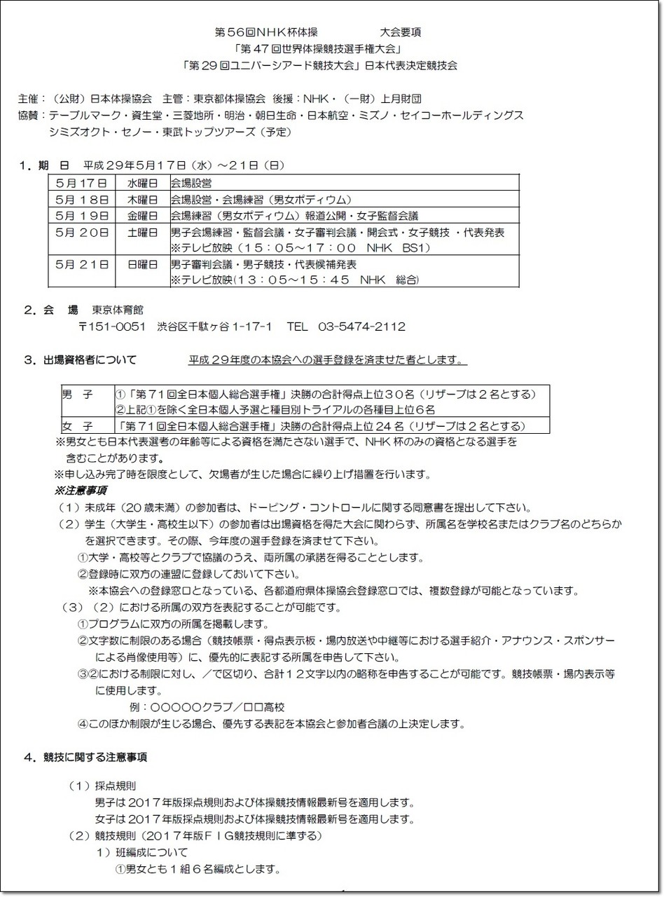 17大会情報 第56回ｎｈｋ杯体操選手権 大会情報まとめ ヒカル こころのブログ 内村航平history