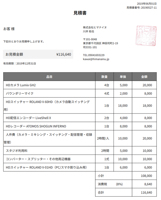 ヒマスタ一般的な見積もり金額例