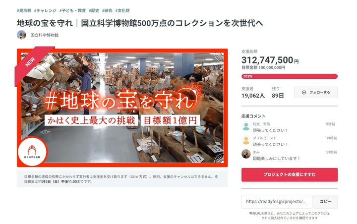 【速報】国立科学博物館のクラファン、3億達成してしまうｗｗｗｗｗｗｗｗｗｗ