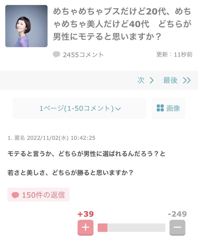 【悲報】ガルちゃん民「ブスの20代女子と美人な40代女子、どっちが選ばれる？」　→