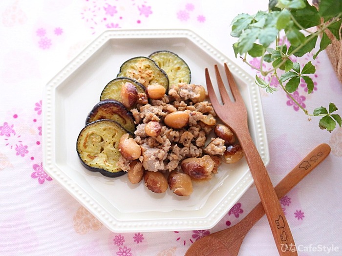 とら豆のひき肉炒め☆茄子を添えて頂きます