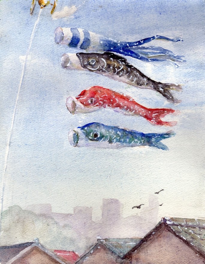 【高知インター店】 F4 ジャンボ鯉のぼり 水彩画 絵画 絵画 - 絵画