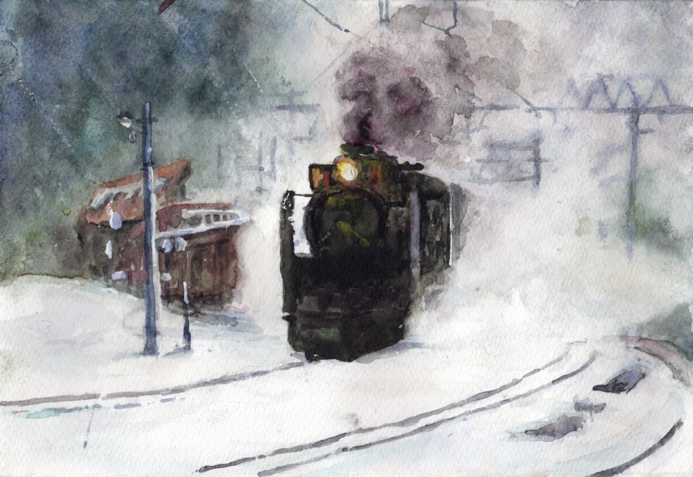 雪の中の蒸気機関車 : 夢色彩々―水彩画、スケッチ帳