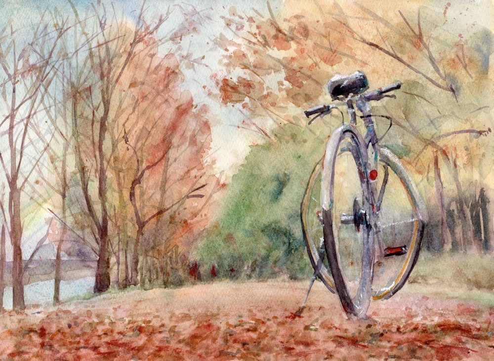 落ち葉と自転車 : 夢色彩々―水彩画、スケッチ帳