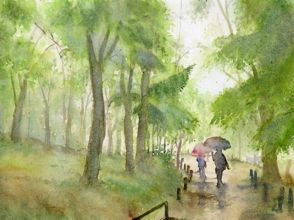水彩画「雨の上野公園」 水彩画（雨の上野公園）