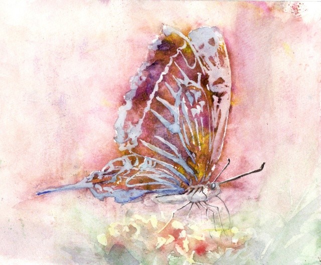 絵画 花束を持った少女とアゲハ蝶 透明水彩画 絵画 花束を持った少女とアゲハ蝶 透明水彩画